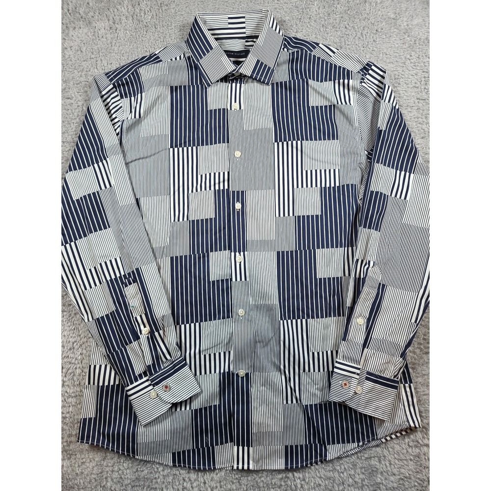 Tommy Hilfiger Shirt 16 32/33 L Navy White Men TH Flex Supima Slim Fit Striped